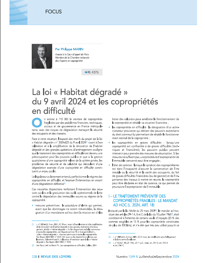 Parution de l'article de philippe MARIN sur la loi "Habitat dégradé et les copropriétés en difficulté"